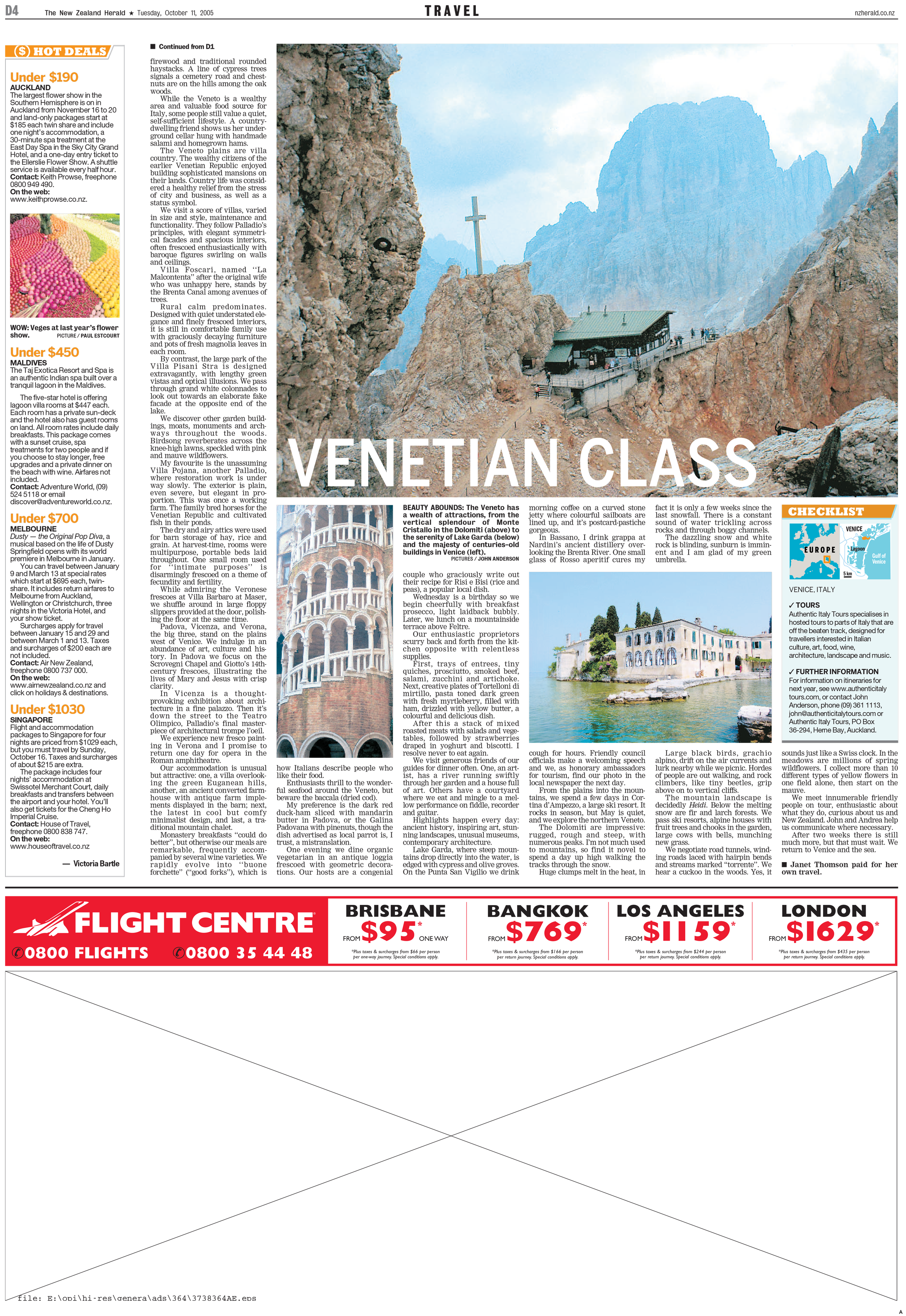 Cover story continued. Page layout in the weekly travel section.