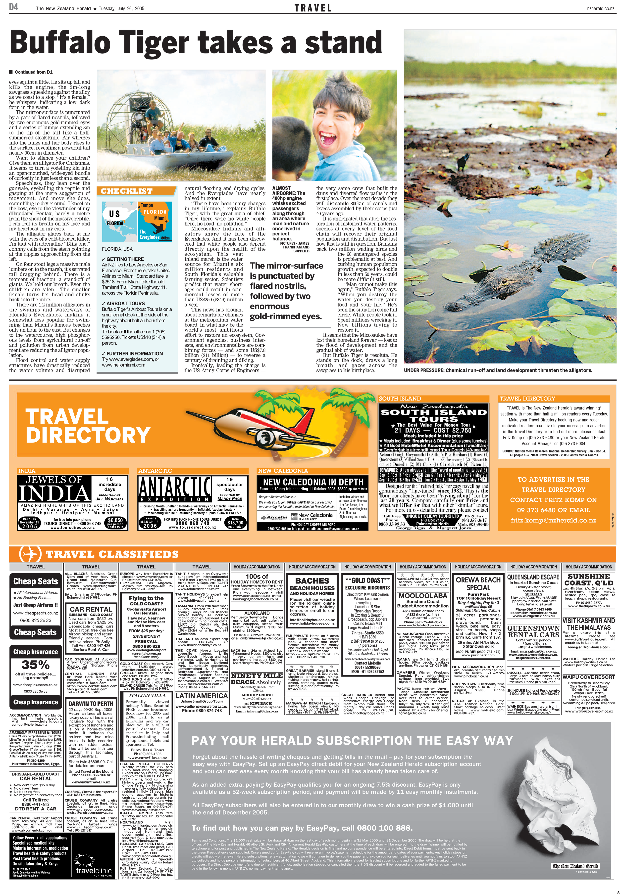 Cover story continued. Page layout in the weekly travel section.