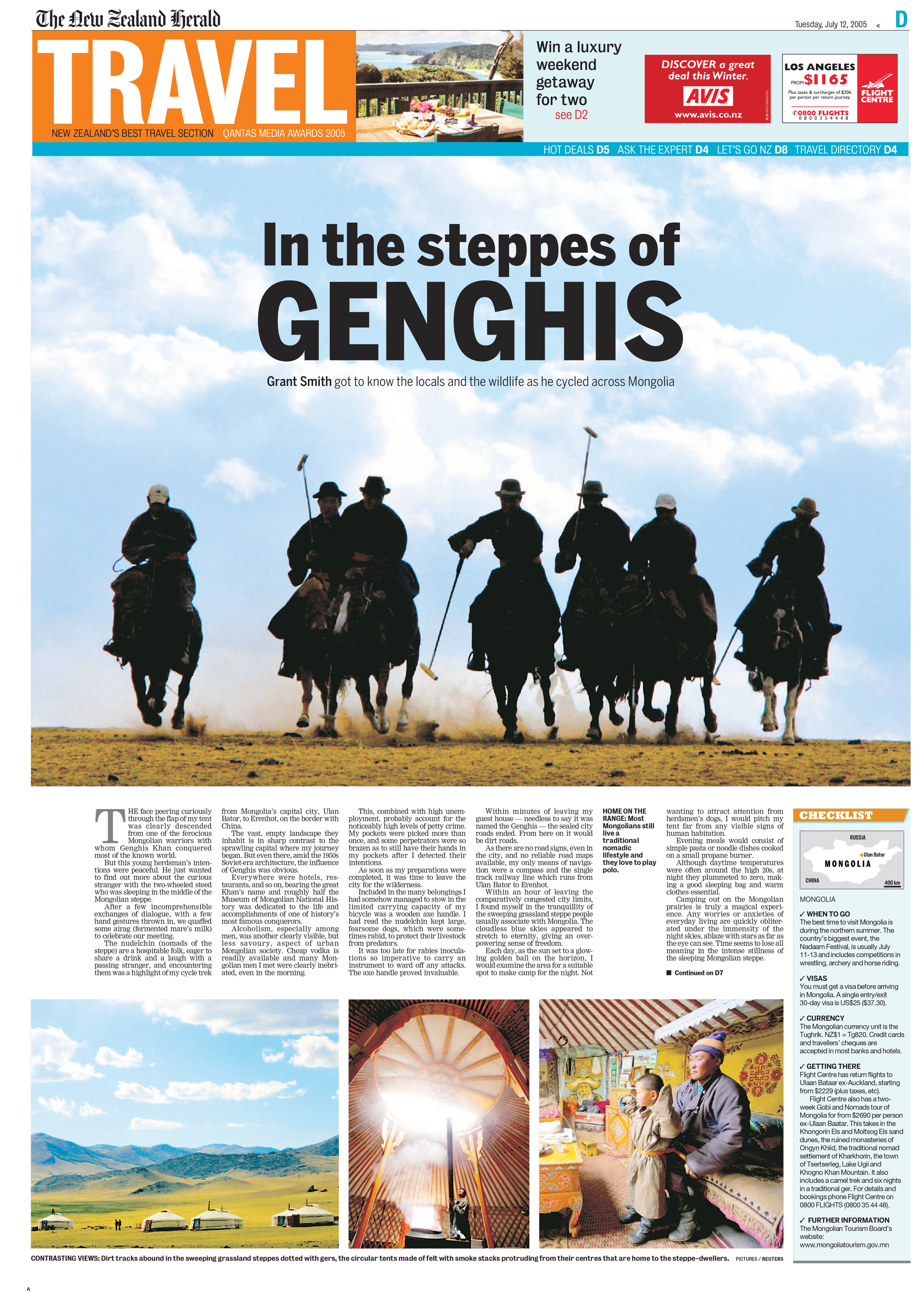 Cover page for the award-winning weekly travel section