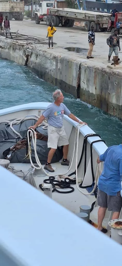 Arriving at the commercial pier in Jacmel.  The surges were too much for us to get alongside the pier.
