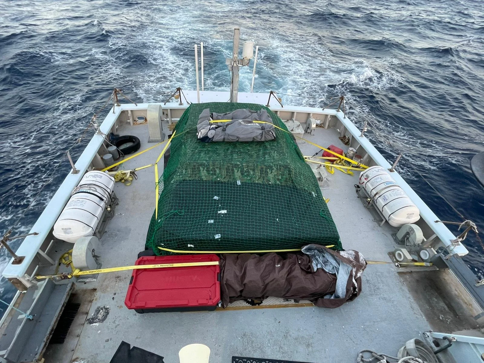 The aft deck cargo is riding well