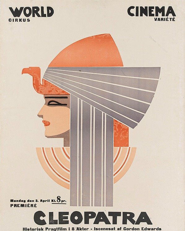 A rare film poster for 1917's Cleopatra starring Theda Bara - one of cinema's early sex symbols. The simple layout features all the classic characteristics of Art Deco design - symmetry, layered shapes and intricate geometric art.

#cleopatra #swedis