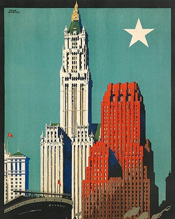 Happy Fourth of July to all our American friends! 🇺🇸🇺🇸🇺🇸
This rare advertising poster was issued by the White Star Line in the 1920s. The building and surrounding structures represent the New York skyline dominated by the Woolworth Building ~ t