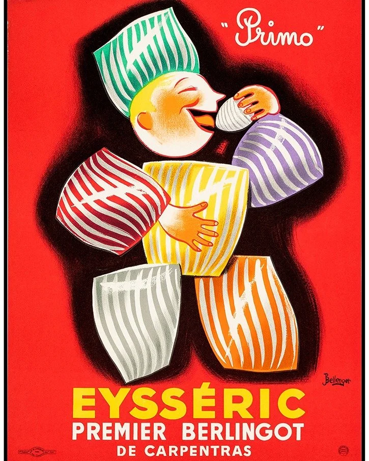 A reprint of a rare poster advertising for Gustave Eyss&eacute;ric's pioneering berlingots, a hard sweet first made by Eyss&eacute;ric in the village of Carpentras in the south of France. Available in various sizes with express worldwide shipping 👉G