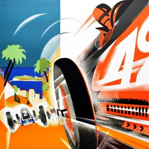 Streamline your home d&eacute;cor with a vintage Art Deco racing poster sporting 'speed whiskers'. This graphically dynamic image of racing cars on the streets on Monte-Carlo was created by French commercial artist Robert Falucci in the 1930s to prom