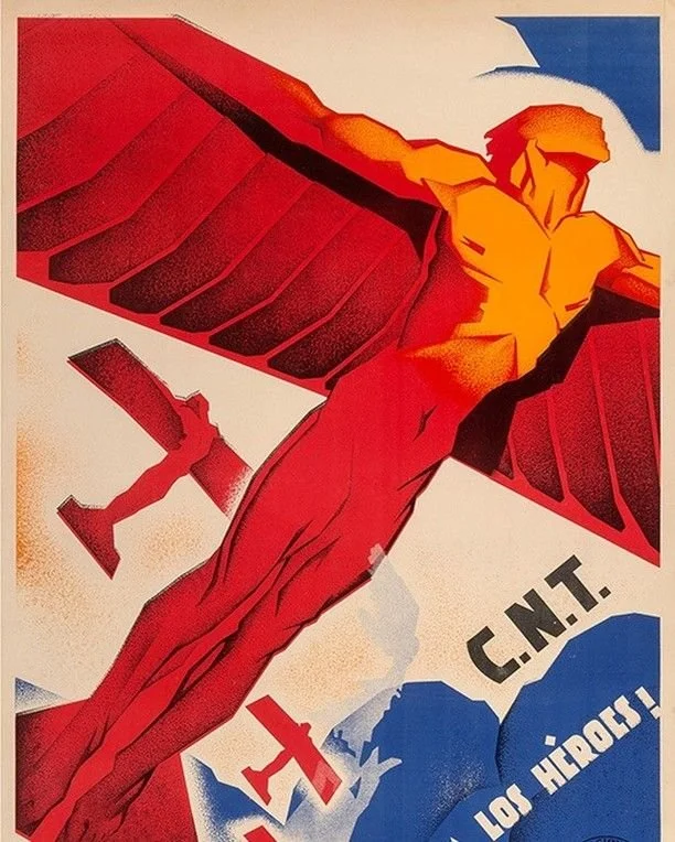 With a design reminiscent of the militaristic Soviet-era posters, C.N.T! Loor a los H&eacute;roes! (Hail to Our Heroes) is a 1938 Art Deco-style propaganda poster designed by Arturo Ballester for the
outlawed trade union Confederaci&oacute;n Nacional
