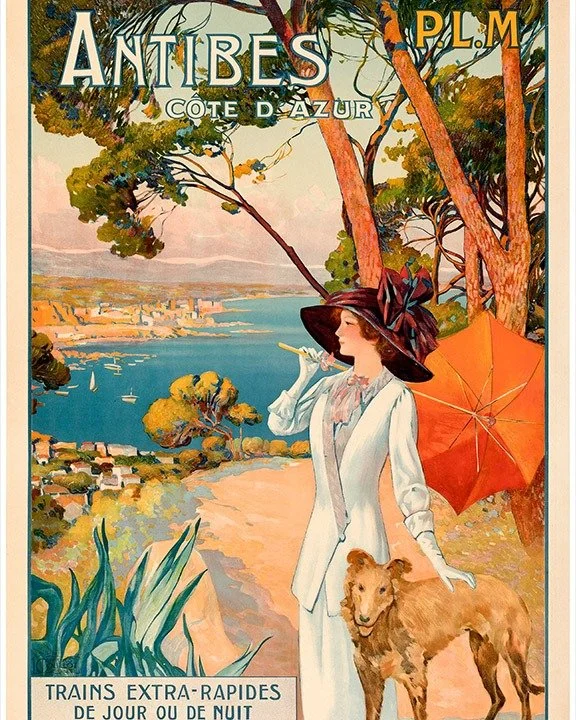 The PLM (Paris-Lyon-M&eacute;diterran&eacute;e) railway company commissioned a series of travel posters to encourage tourism in the PACA region (Provence-Alpes-C&ocirc;te d'Azur) during the early 20th century.
Antibes is available with international 