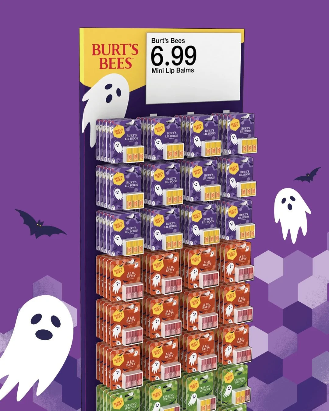 It’s officially Halloween season at Target πΈοΈ
This Burt’s Bees sidekick — designed by Kendal King Group — brings the spirit of the season to the shelf with bold color, playful ghosts, and mini lip balms made to treat yoursel
