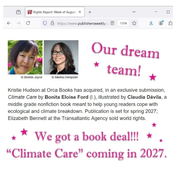 Book deal announcement: "Climate Care" by Bonita Ford and Claudia Davila, coming in spring 2027.