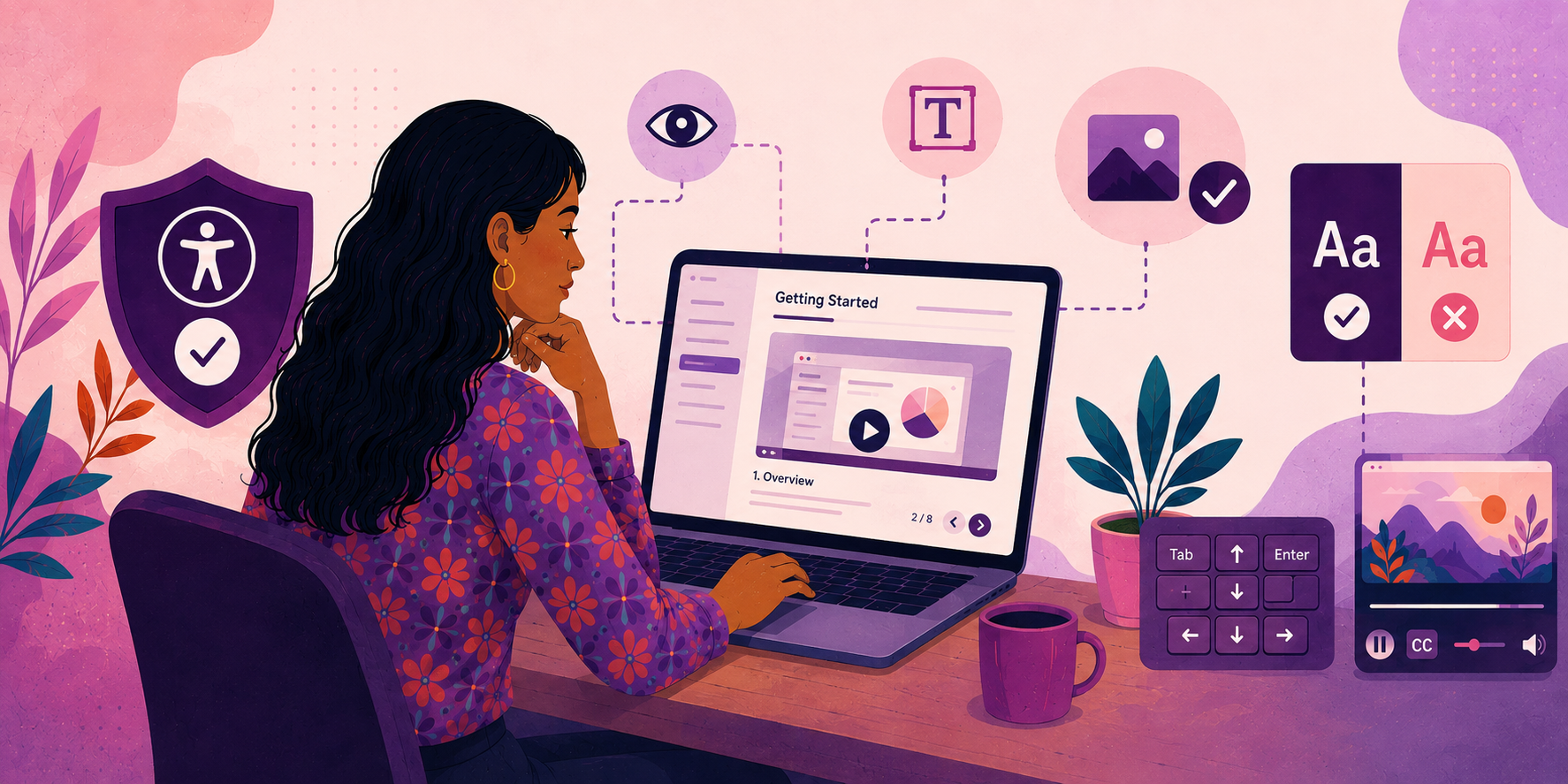 Illustration of a woman with dark wavy hair working on a laptop in a colorful workspace with plants, a mug, and icons representing accessibility, media, and text editing tools.