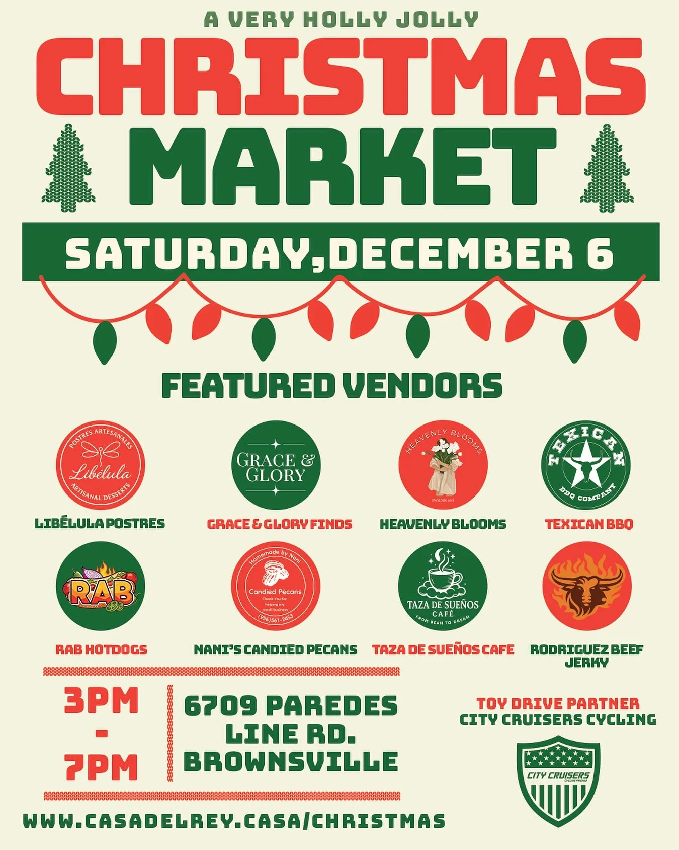 Get ready for a festive family-friendly evening filled with local vendors, music, and delicious food as we celebrate the birth of our Savior at the Casa del Rey Christmas Market! ✨🎄

🗓 Saturday, December 6
🕒 3 &ndash; 7PM
📍 6709 Paredes Line Rd, 
