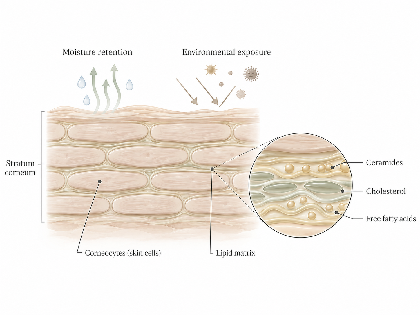 Diagram of the skin barrier showing the stratum corneum, corneocytes, lipid matrix, ceramides, cholesterol, and free fatty acids.