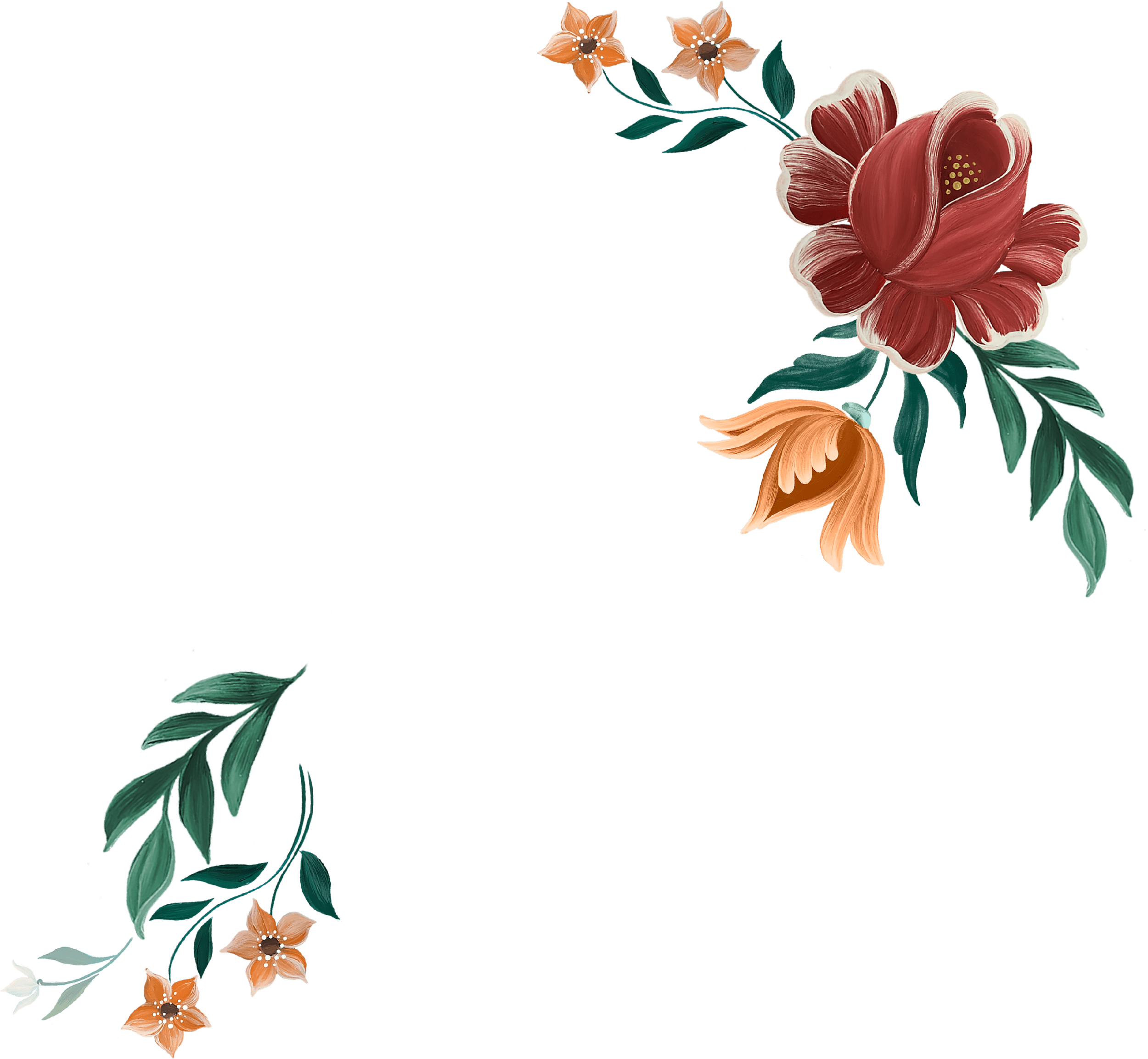 Decorative floral border with large red flowers, peach-colored flowers, and green leaves
