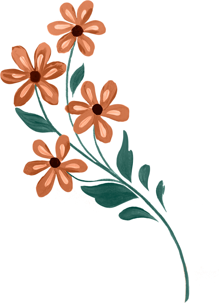 A watercolor illustration of a branch with five orange-brown flowers and green leaves.