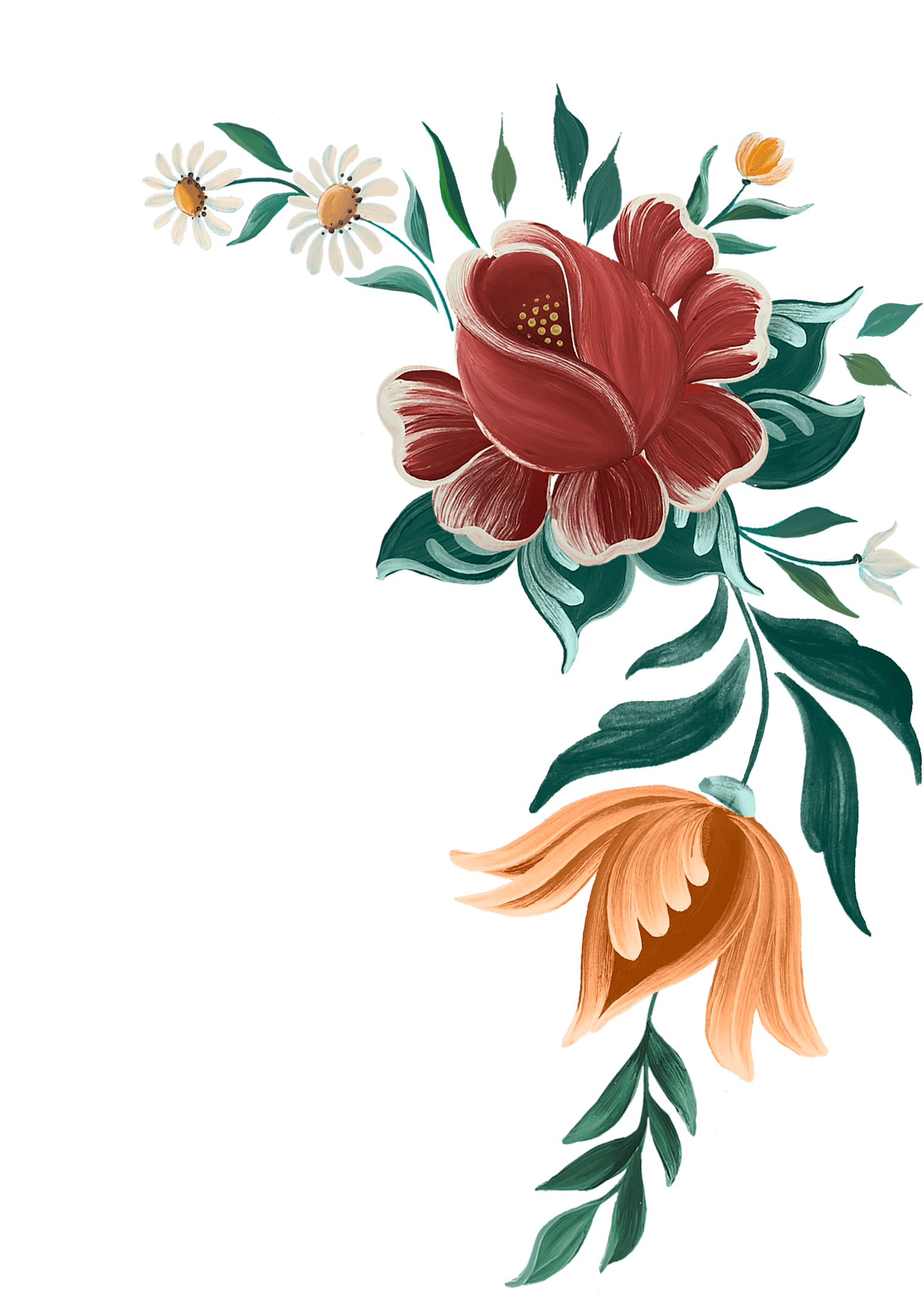 Hand-painted floral illustration featuring large red peony, small white daisies, orange lily, and green leaves on black background.