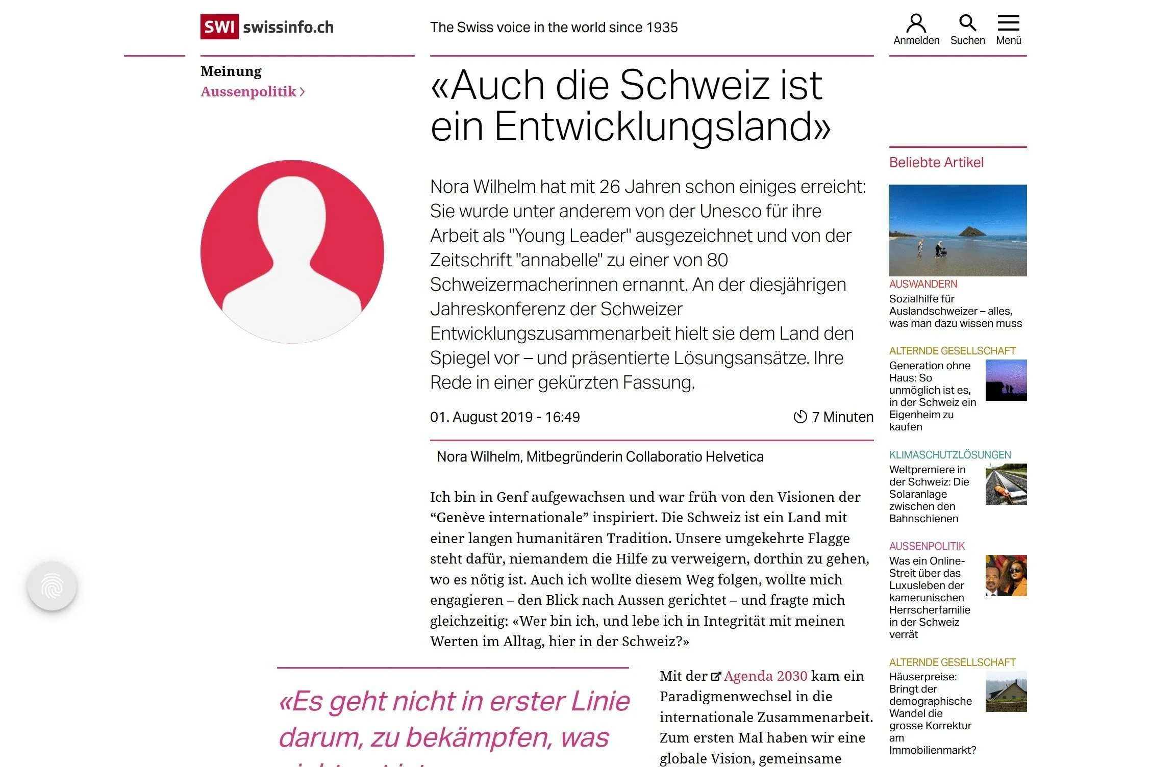 Screenshot of a Swiss news website, swissinfo.ch, with an article titled "Auch die Schweiz ist ein Entwicklungsland". The article discusses Nora Wilhelm's achievements and her involvement in Swiss development cooperation, with a photo of a headless silhouette and smaller accompanying images on the right side.