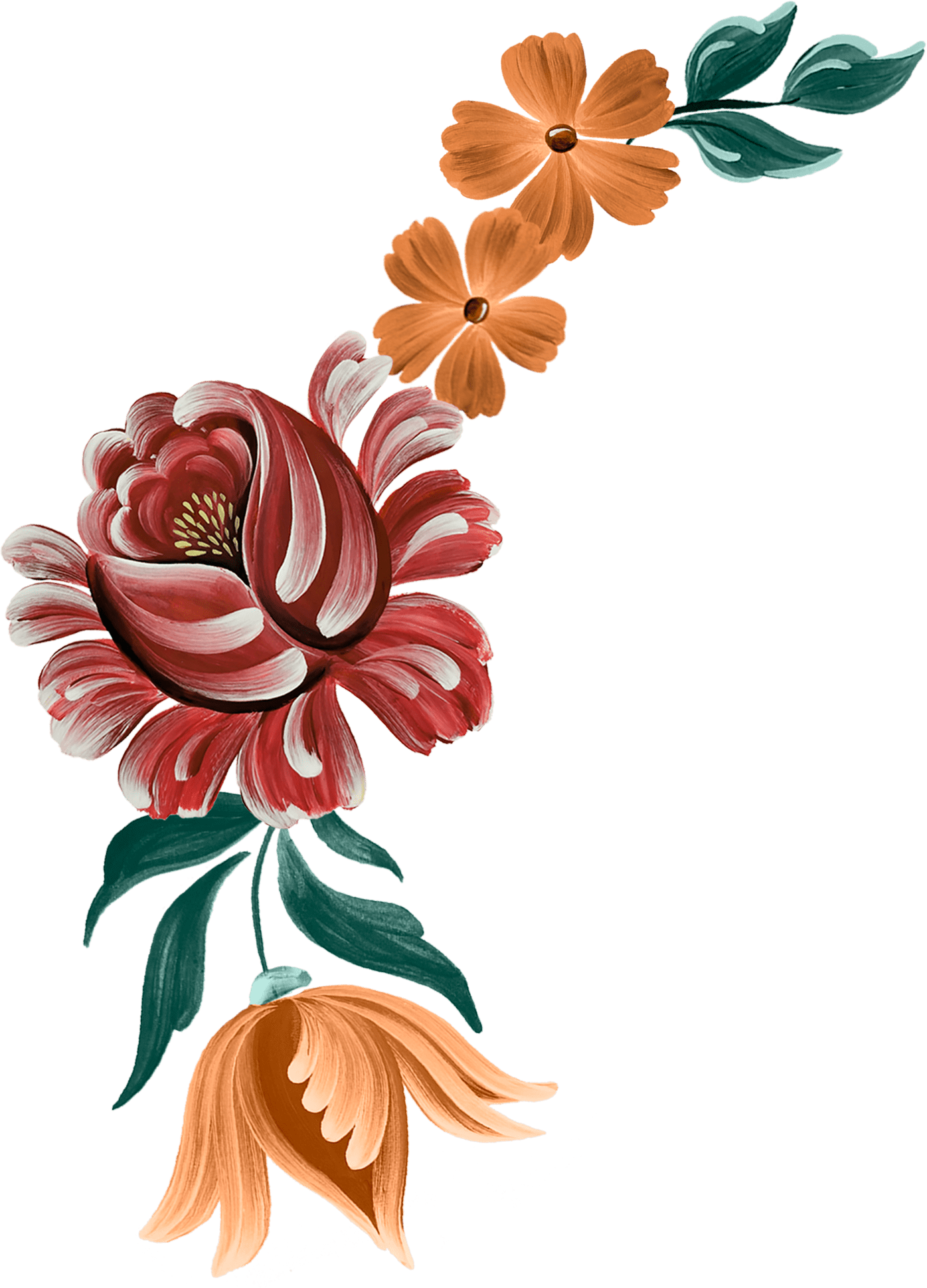 A digital painting of a floral arrangement with a large red and white striped flower, orange flowers, green leaves, and a peach-colored bell-shaped flower on a transparent background.