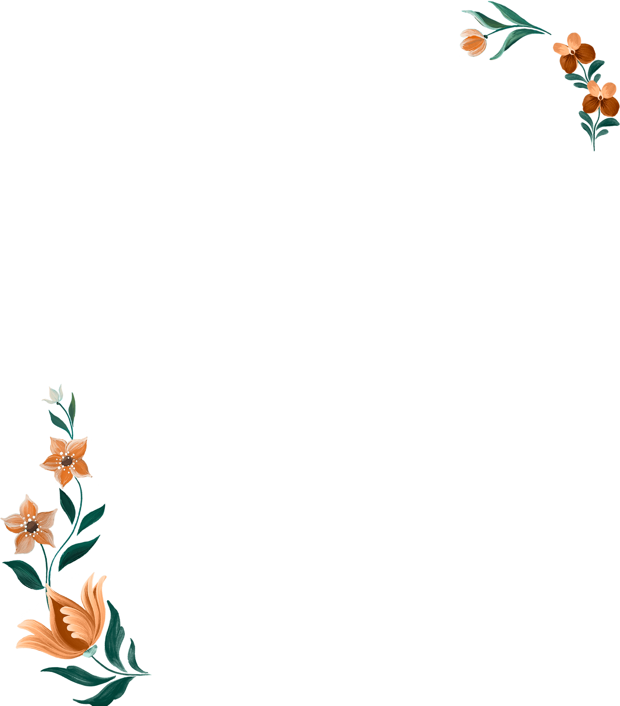 Decorative floral border with orange and teal flowers in the corners of a black background.
