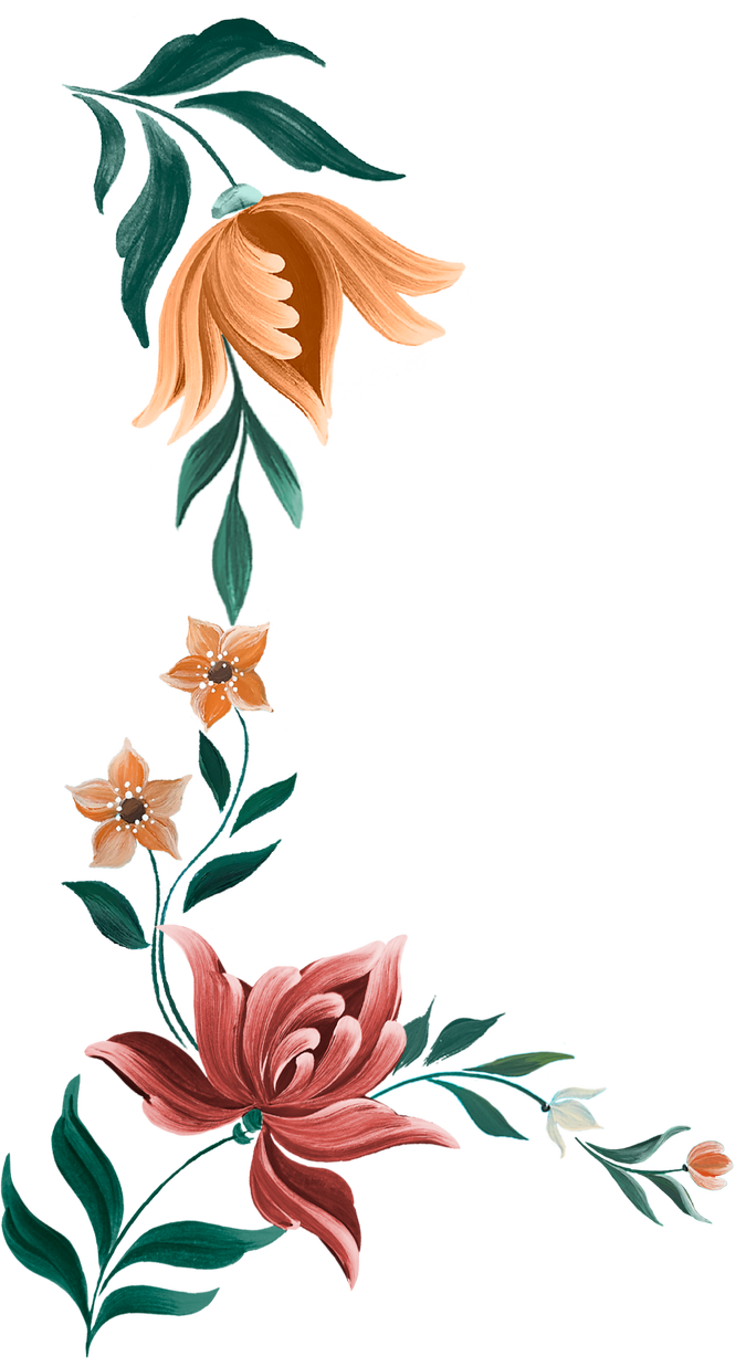Decorative floral border with pink lilies, orange flowers, and green leaves surrounding a red rectangle.