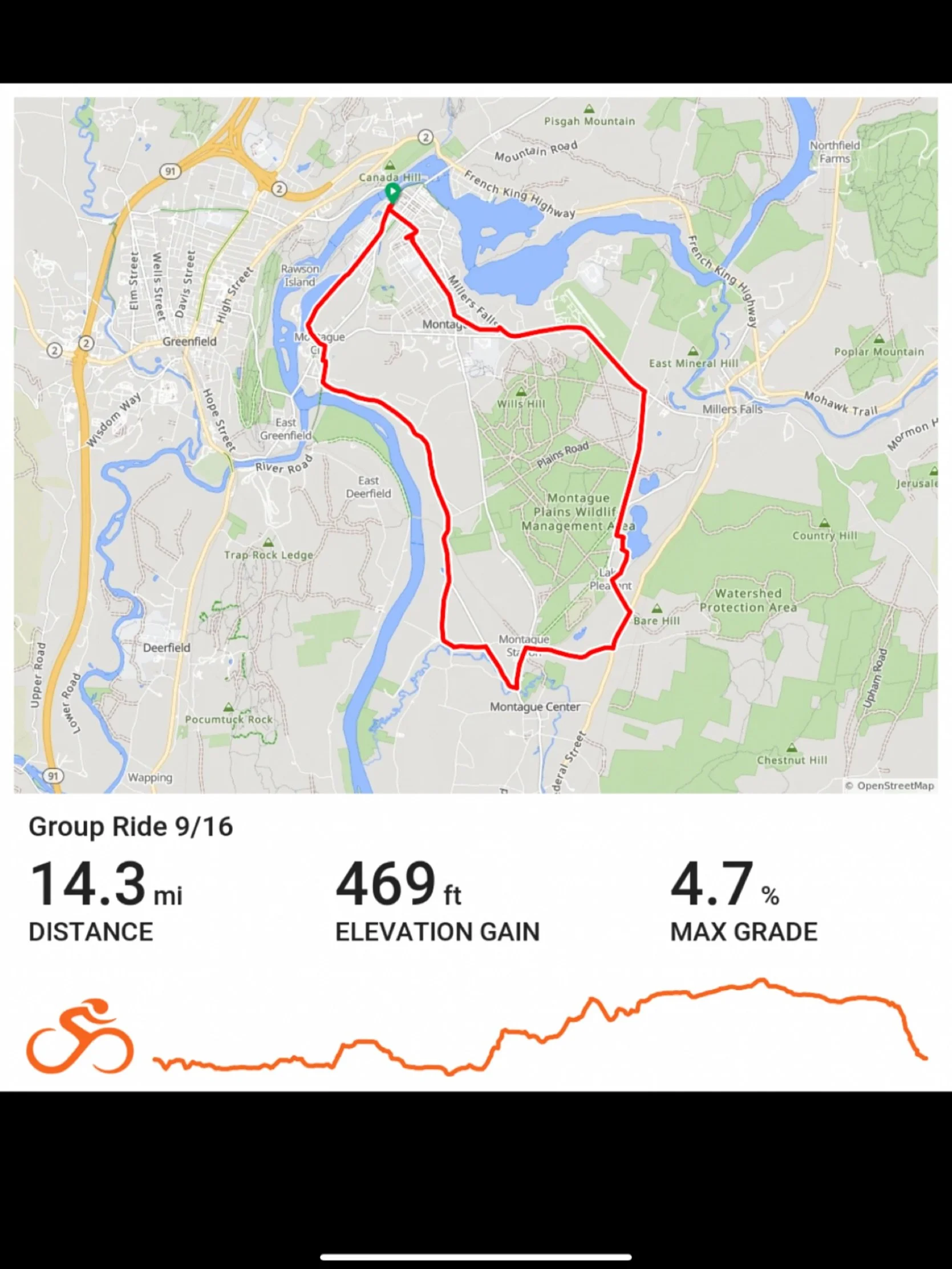 Hey All,

Group ride tonight!!! We&rsquo;ll be meeting at 6pm again at the shop and rolling out at 6:15. This week&rsquo;s loop is a fully paved trip over towards Montague Center, Lake Pleasant and back. It ends up being about 14 miles and 500 feet o