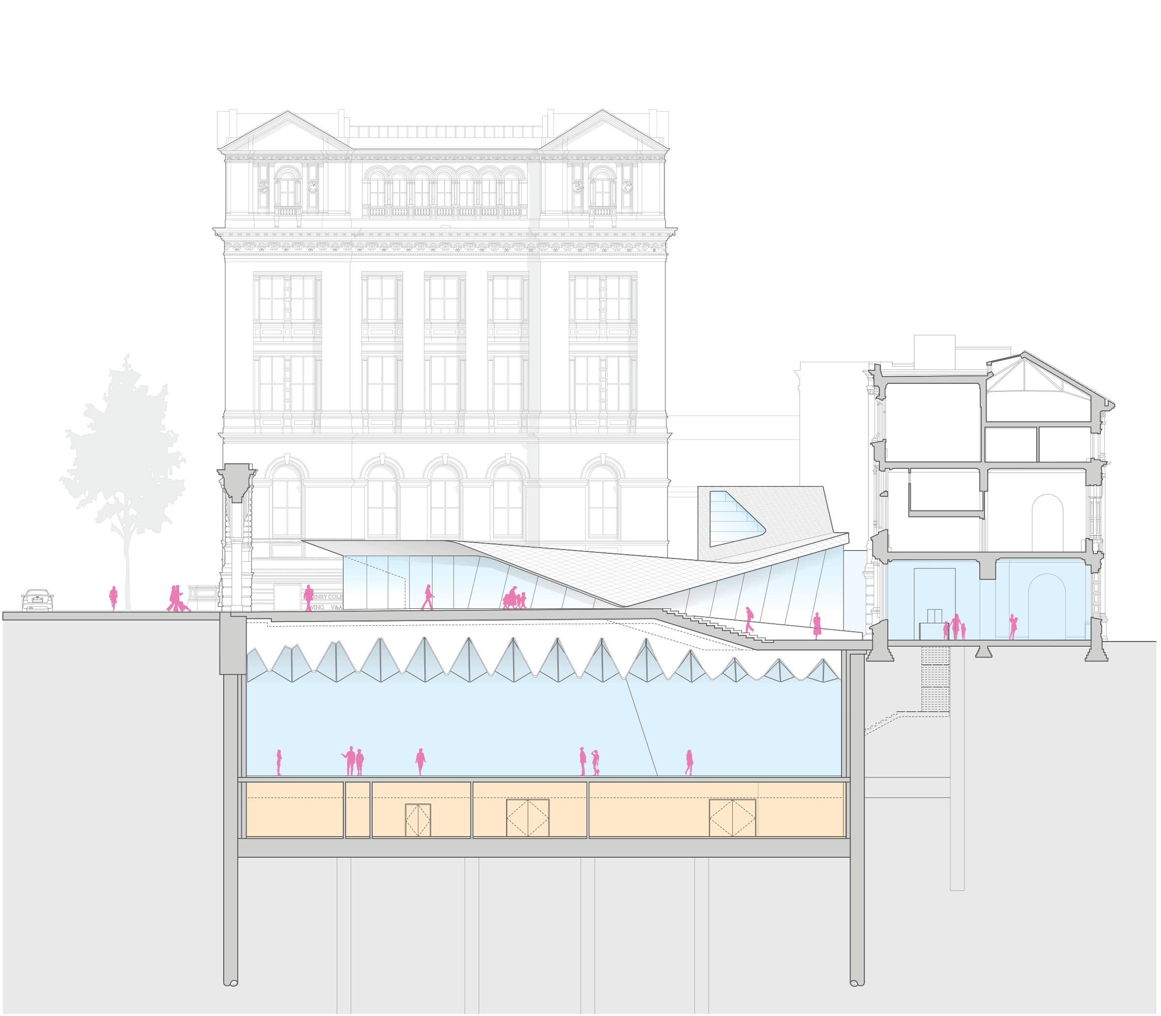 Cross section through courtyard and entrance.