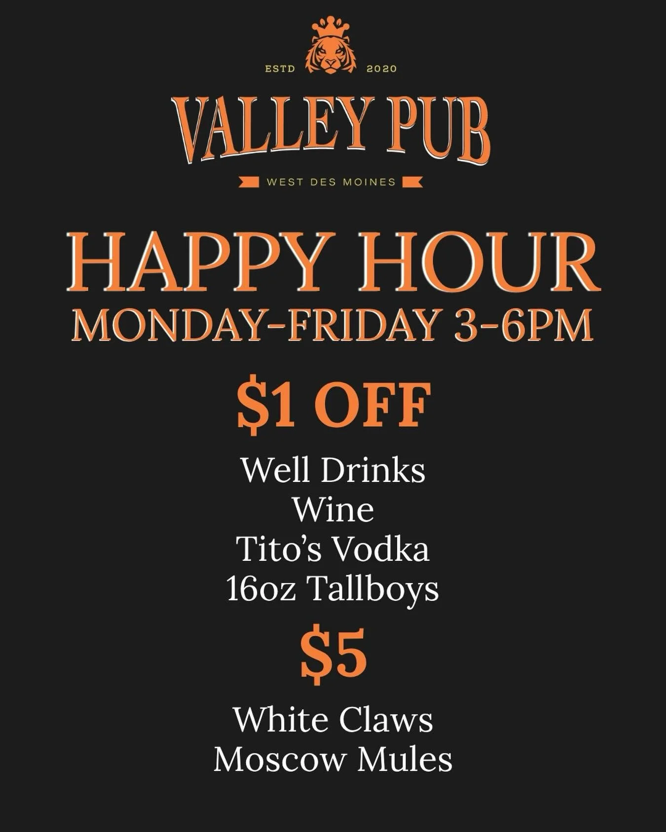 Just in time for summer, check out our refreshed HAPPY HOUR!🥂🍺🥃
Every weekday between 3pm and 6pm, join us for some sweet deals🤩

#valleypub #valleypubwestdesmoines #happyhour #westdesmoines #patioseason