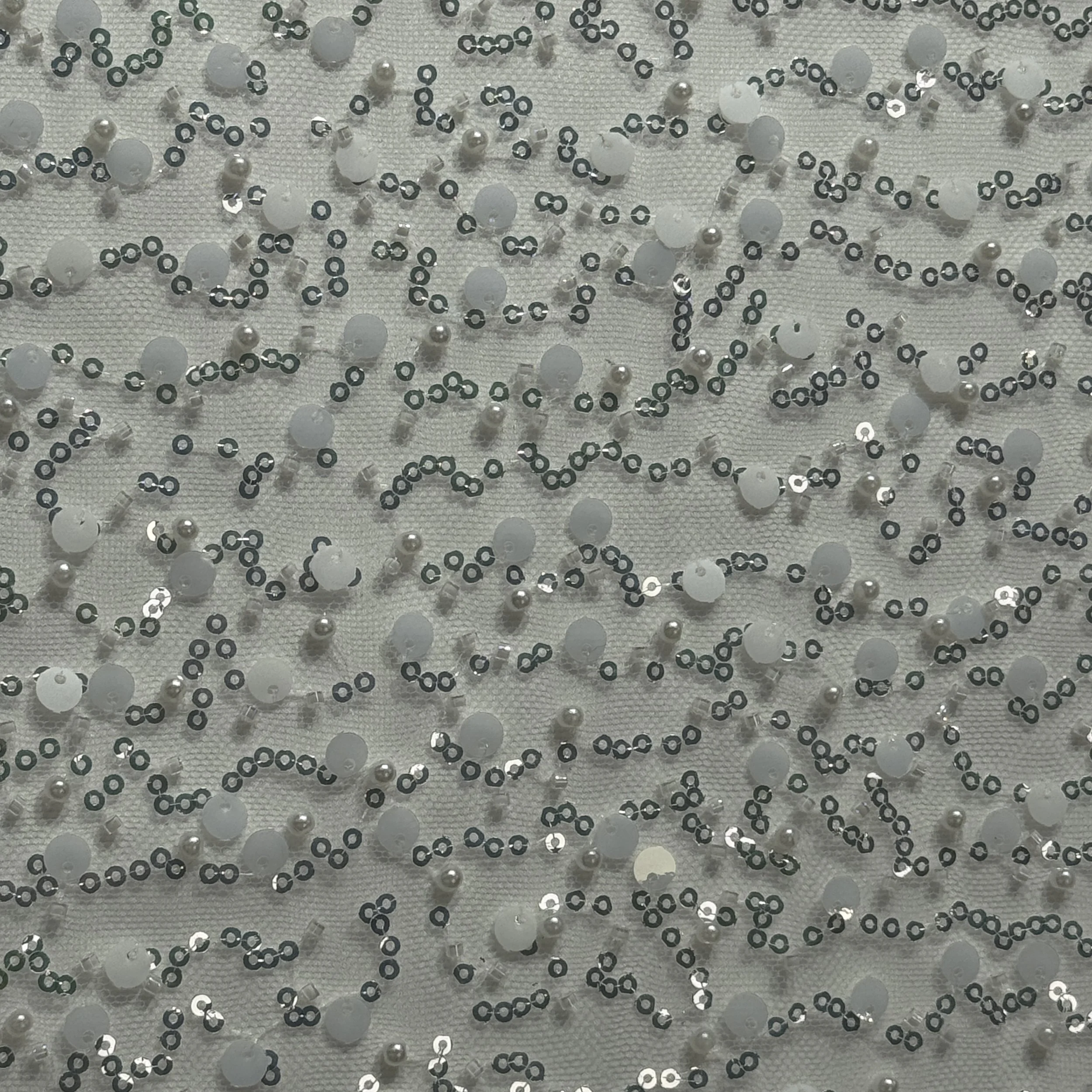 Tulle with Pearls and Sequin Embroidery - White