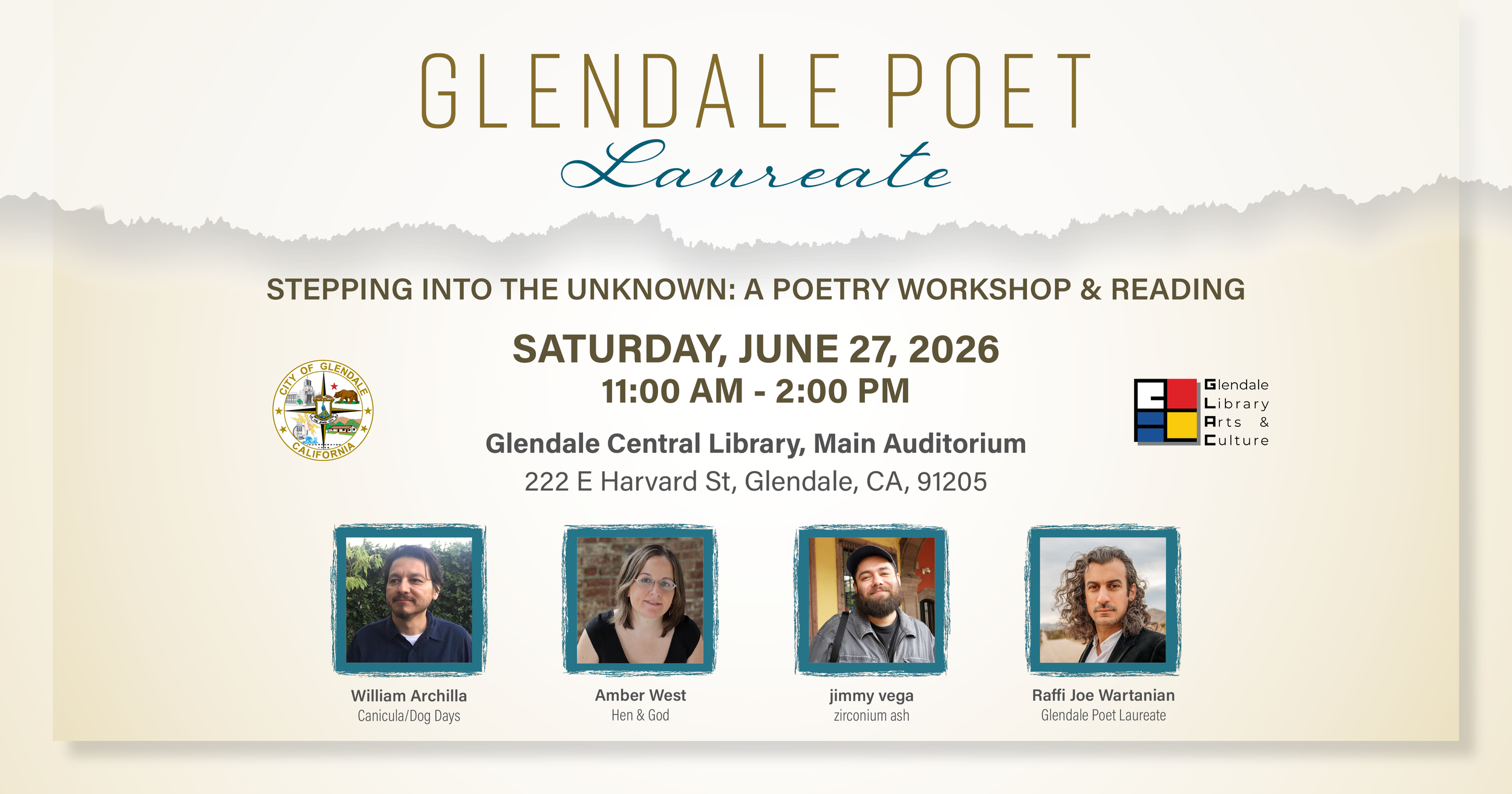 Poet Laureate Workshop Saturday, June 27, 2026 11AM - 2PM
