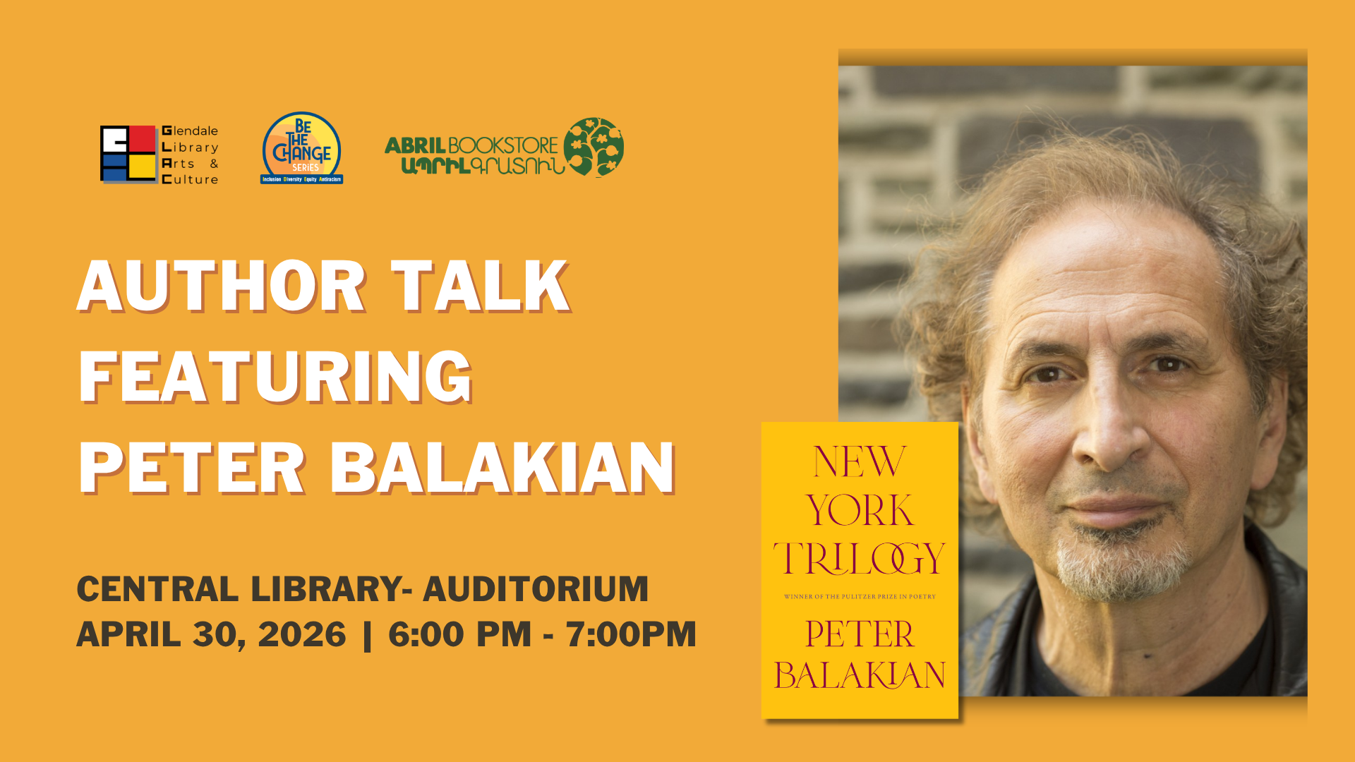 Peter Balakian April 30th Central Library 6PM