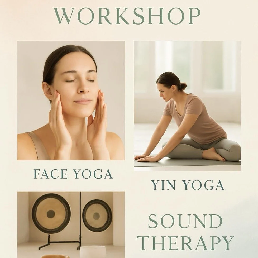 Poster promoting sound therapy with images of a woman practicing face yoga and Yaz yoga, and a sound therapy setup with gong drums.