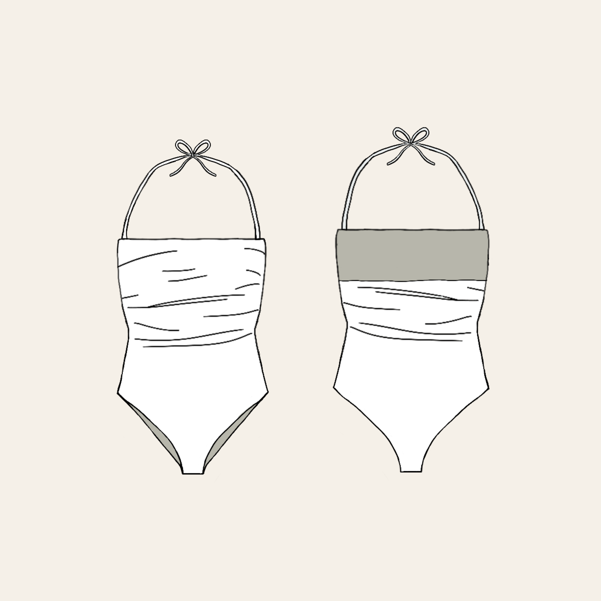 Strapless halter one-piece swimsuit design sketch front and back