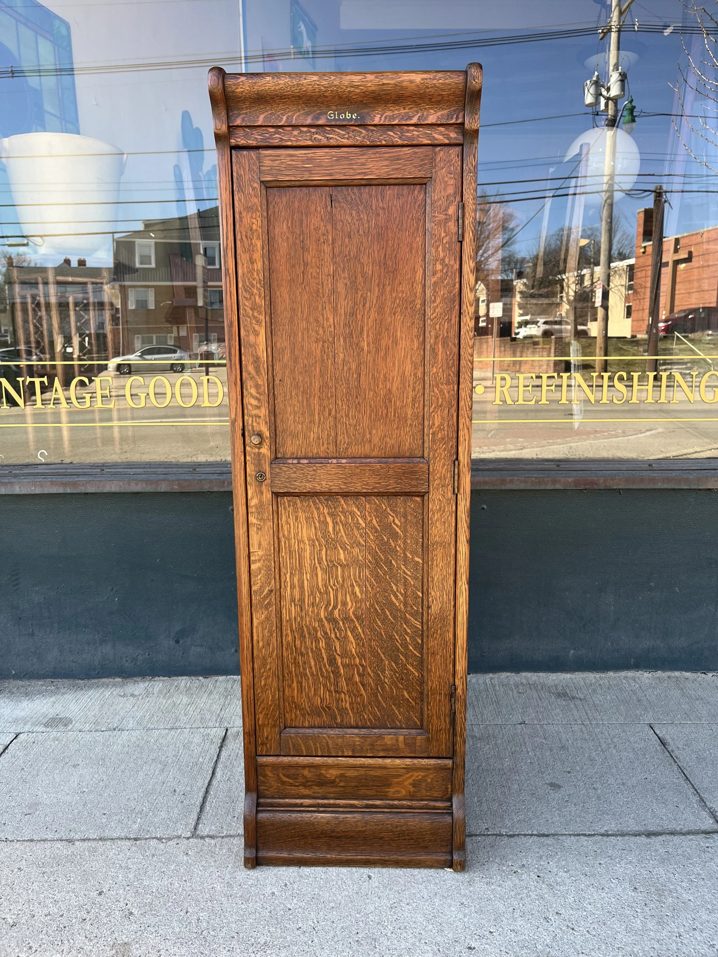 close up of Globe file cabinet in quarter sawn oak