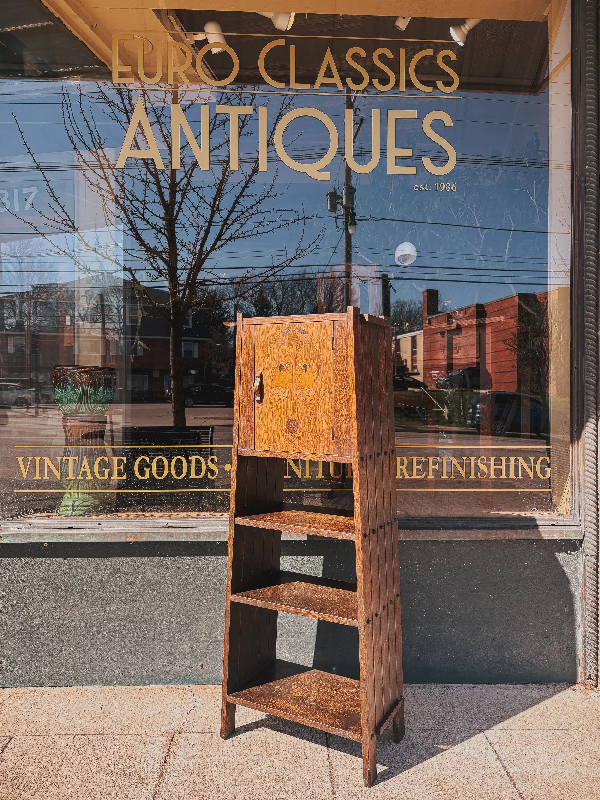 Michigan Chair Company Parrot Inlay Stand with Cellarette – Arts and Crafts Oak Cabinet