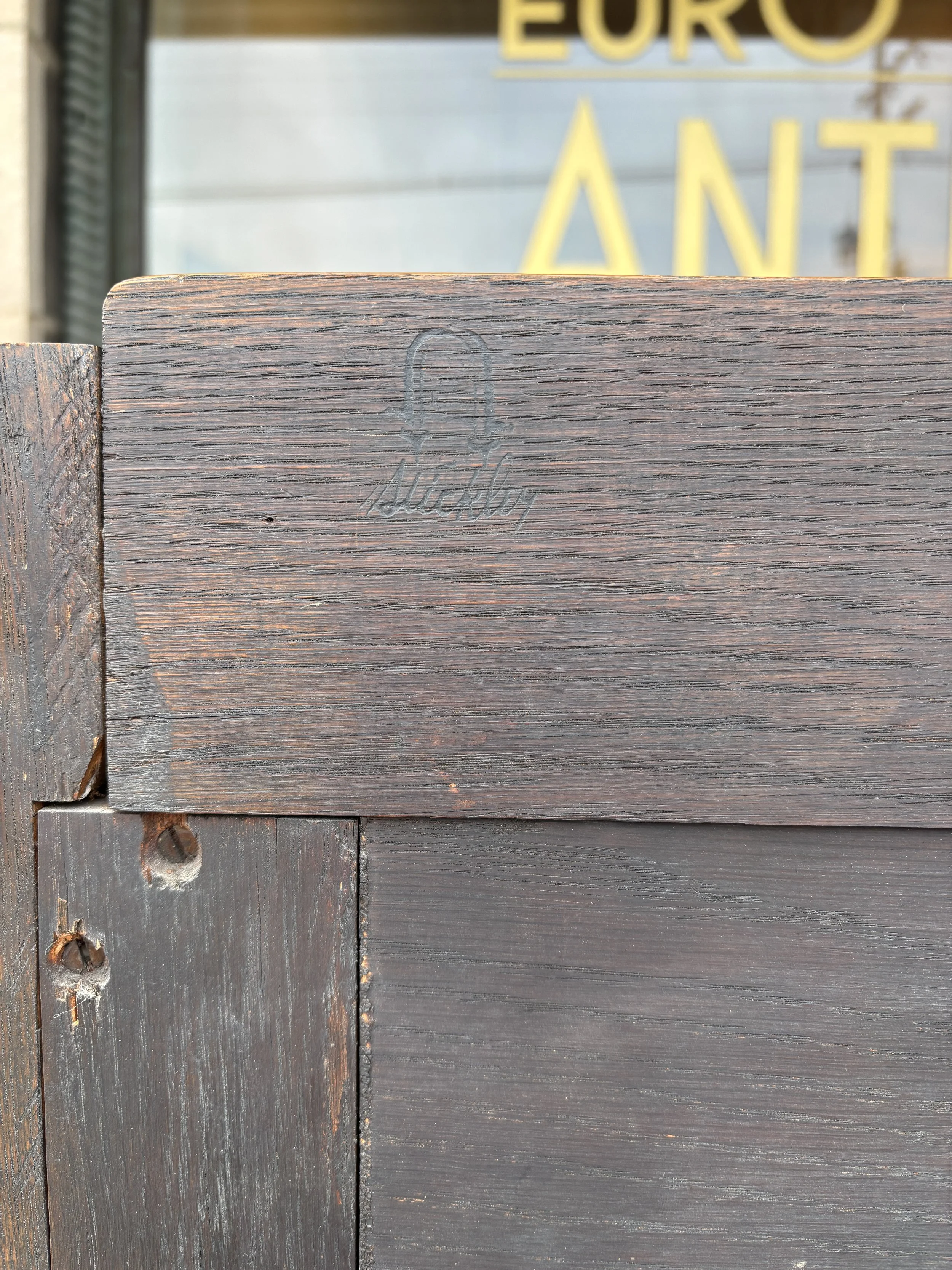Burned shop mark of Gustav Stickley bookcase