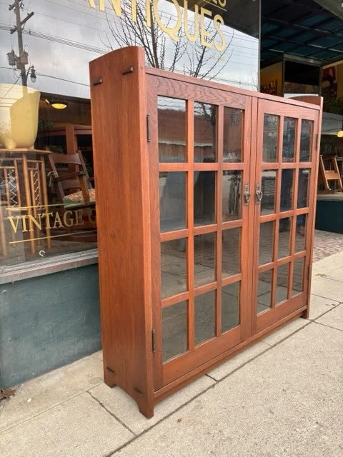 Side view of stickley bookcase made from solid oak
