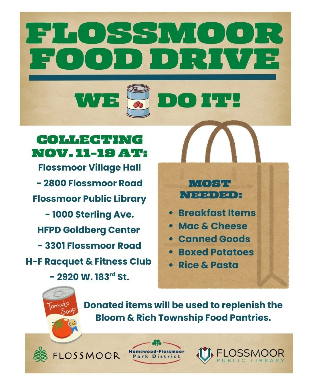 Greetings, Flossmoor! Today is #WorldKindnessDay, and if you're looking for a way to participate, one option might be by contributing non-perishable items to the collection boxes at Village Hall, the Flossmoor Public Library, H-F Park District Goldbe