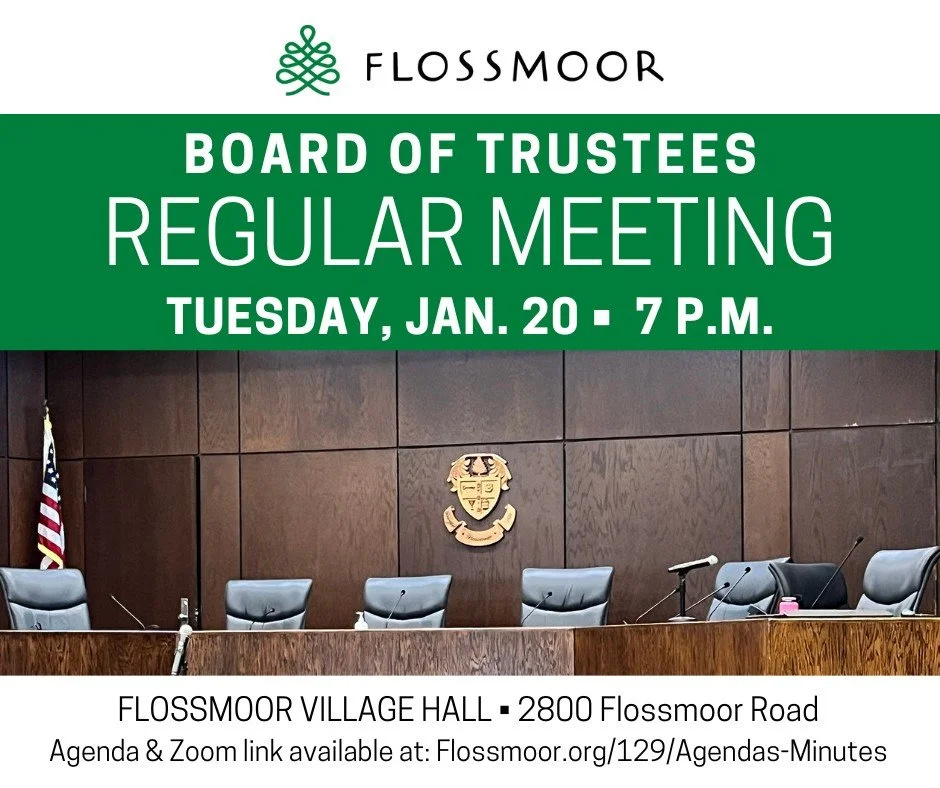 The Flossmoor Board of Trustees will gather for a regular meeting this Tuesday, Jan. 20, at 7 p.m. at Village Hall. View the complete agenda at:

https://www.flossmoor.org/129/Agendas-Minutes

#ThisIsFlossmoor