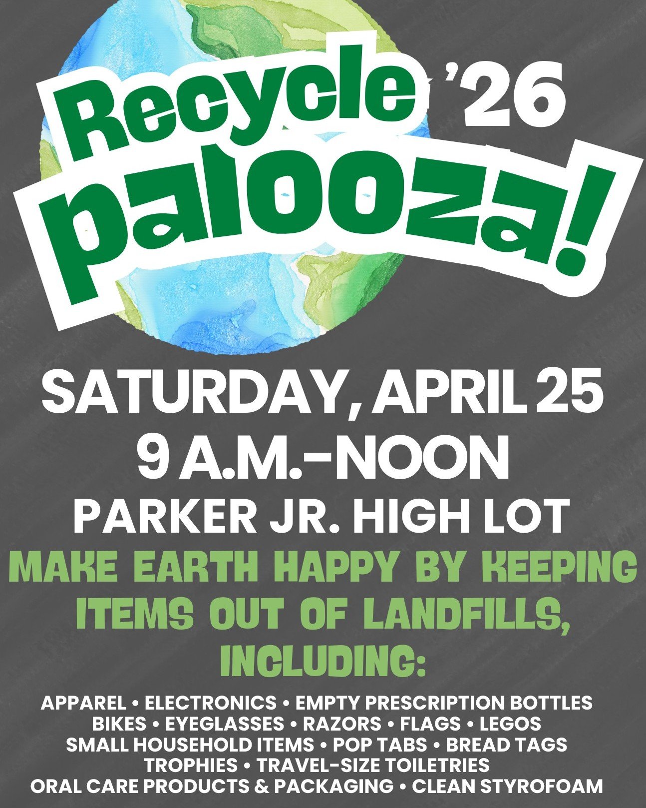 If the spring-like weather has you ready to start some spring cleaning, take a look at what will be accepted at this year's Recyclepalooza (which has returned to the spring season) on Saturday, April 25, from 9 a.m.-Noon:

https://www.flossmoor.org/m