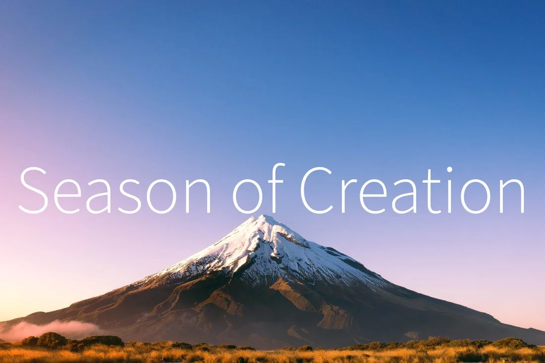 Snow-capped mountain under a clear blue sky with the text 'Season of Creation' overlayed.