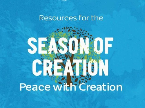 Blue background with text 'Resources for the Season of Creation. Peace with Creation' and an illustration of a tree with colorful leaves.