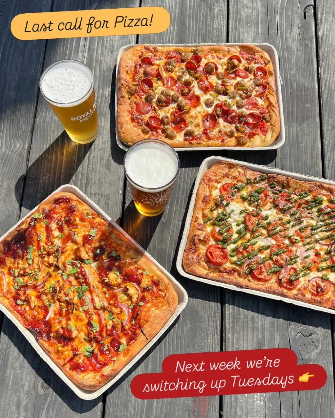 Tonight is the final call for our Pizza menu 🍕Get in here and grab your favorites while you can. 

We&rsquo;re flipping Tuesdays next week&hellip; can you guess what&rsquo;s taking over? 👀👑