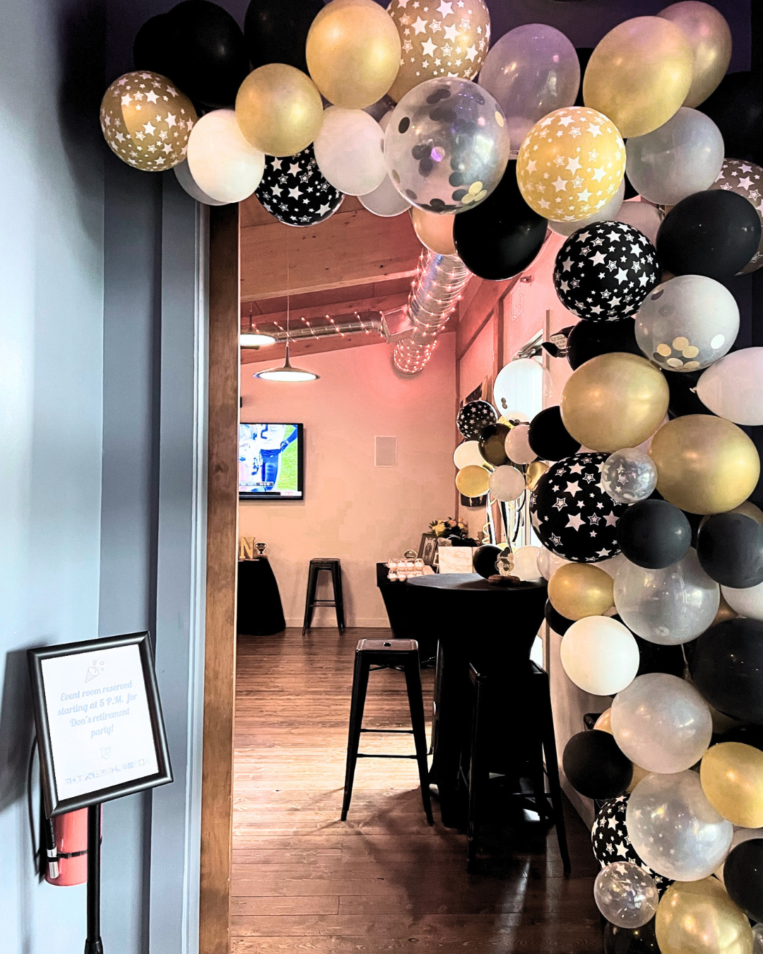Private party room decorated for a birthday celebration at Royal Bliss Brewing event venue in Denver, North Carolina.
