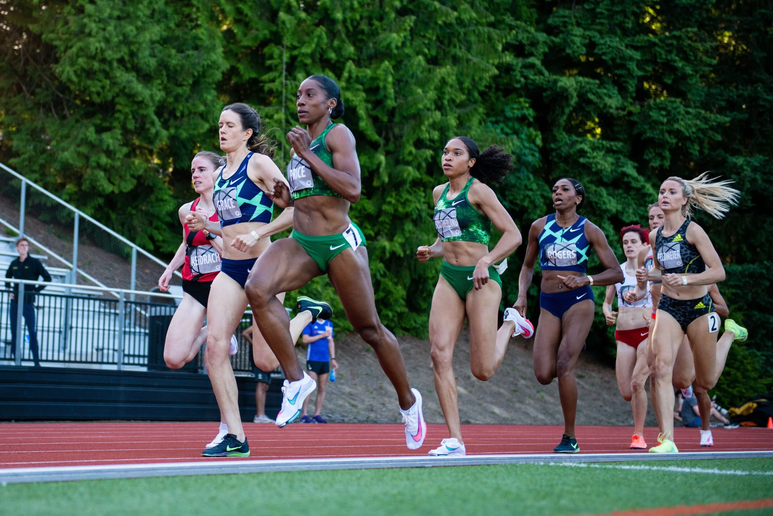 Chanelle Price (left) and Sabrina Southerland  (right) race at the 2021 Portland Track Festival. Photo by Jake Willard