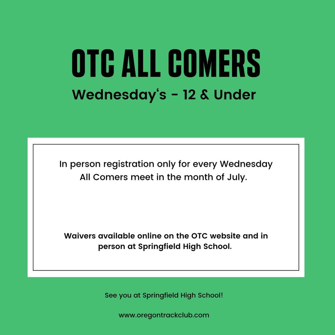 In person registration for the Wednesday All Comers meets! 12 &amp; Under. See you tonight at Springfield HS.