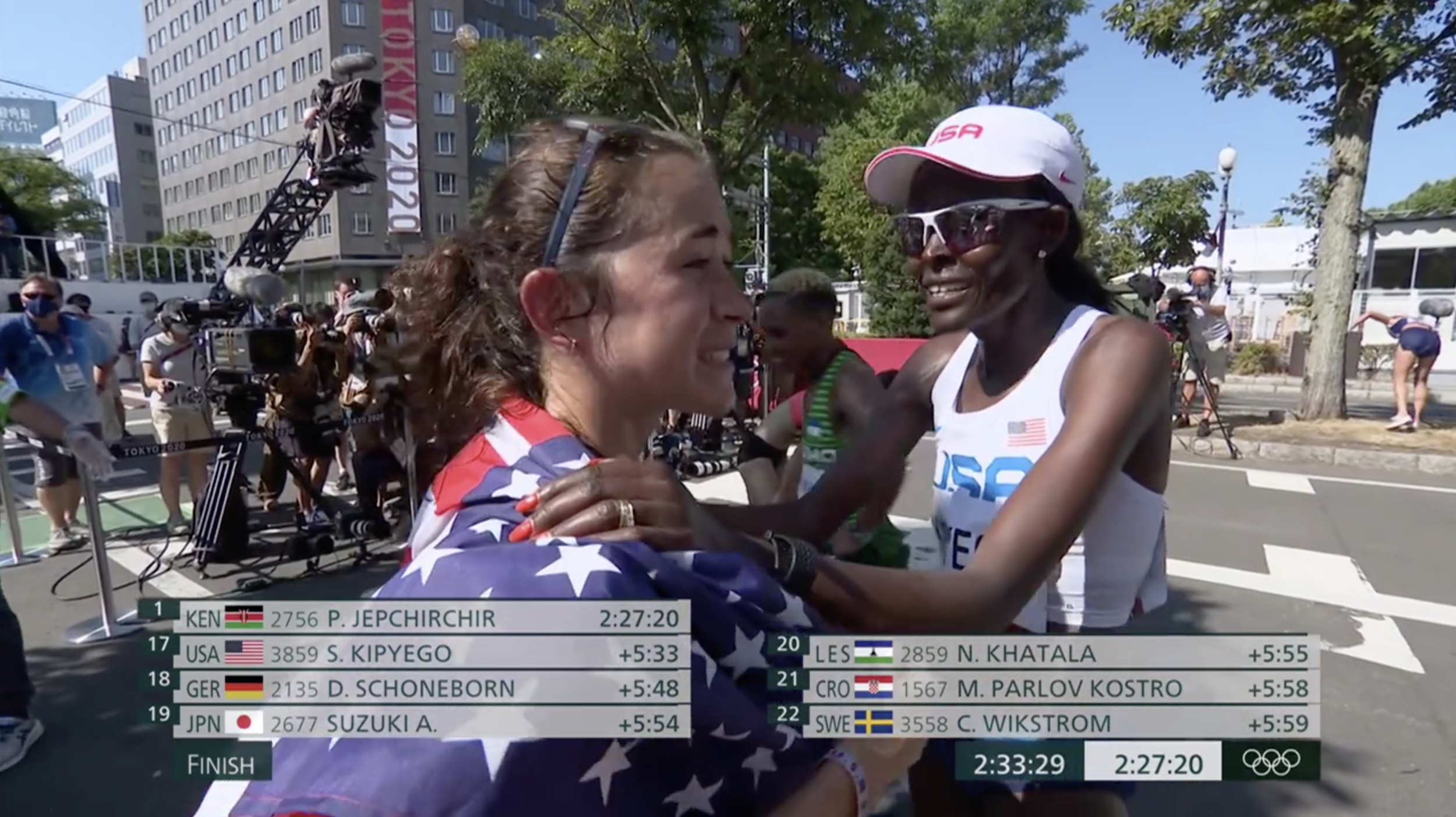 OTC’s Sally Kipyego (right) embraces Tokyo Olympic Bronze Medalist Molly Seidel (left) after completing the marathon in Sapporo, Japan.