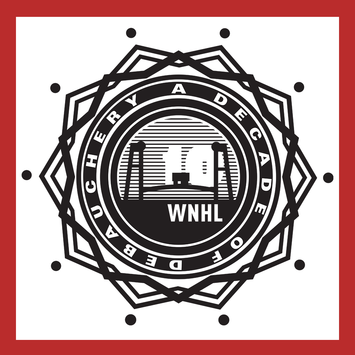 Black and white emblem with the text 'DUTCHERY ADECADE' and 'OF' around the border. Inside, it features a depiction of a lighthouse with the acronym 'WNH' below it. The design is framed by an intricate geometric pattern with dots around the border.