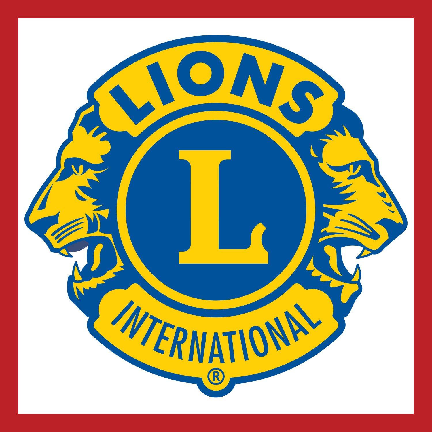 Lions International logo with a red border, featuring a central blue circle with a large yellow 'L', flanked by yellow-and-black lion heads facing away, and the words 'LIONS' at the top and 'INTERNATIONAL' at the bottom in yellow.