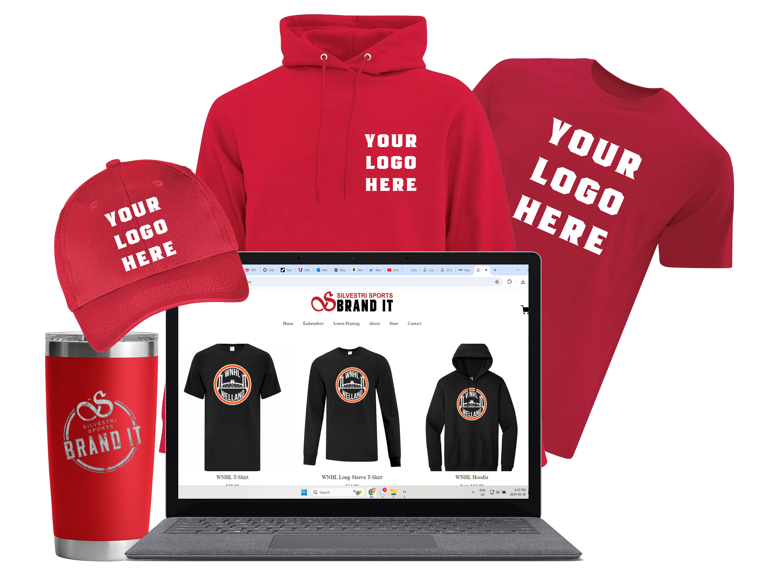 Custom branded sportswear apparel including a red hoodie, red t-shirt, red cap, and a red tumbler cup, with a laptop displaying an online store for sports merchandise.