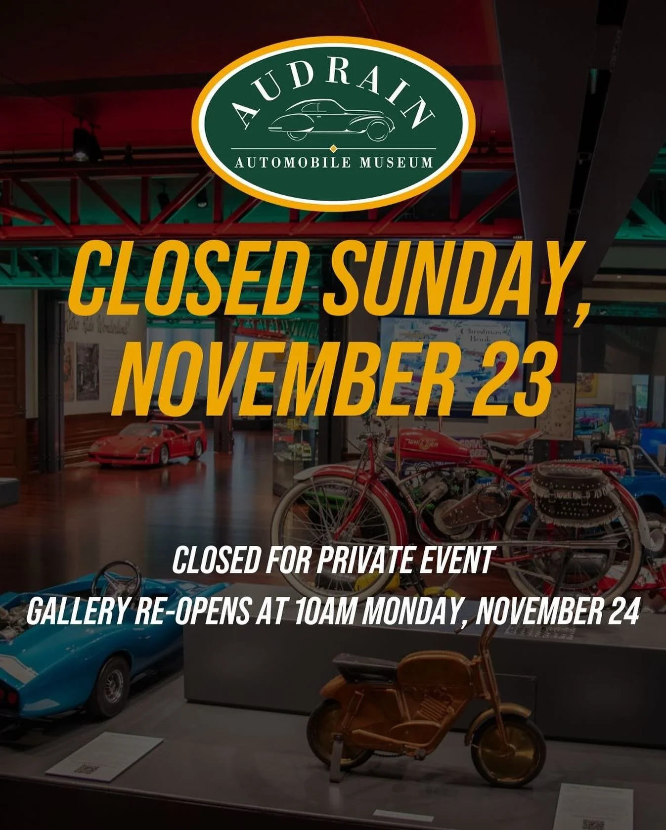 ⚠️ Gallery closed Sunday, November 23rd for private event ⚠️

Come check out the new exhibition, Reto Ride Wonderland, any other day this week! Open 10am-4pm daily 

📍 222 Bellevue Ave. Newport, RI 
&bull;
&bull;
#carmuseum #cars #vintage #exhibitio
