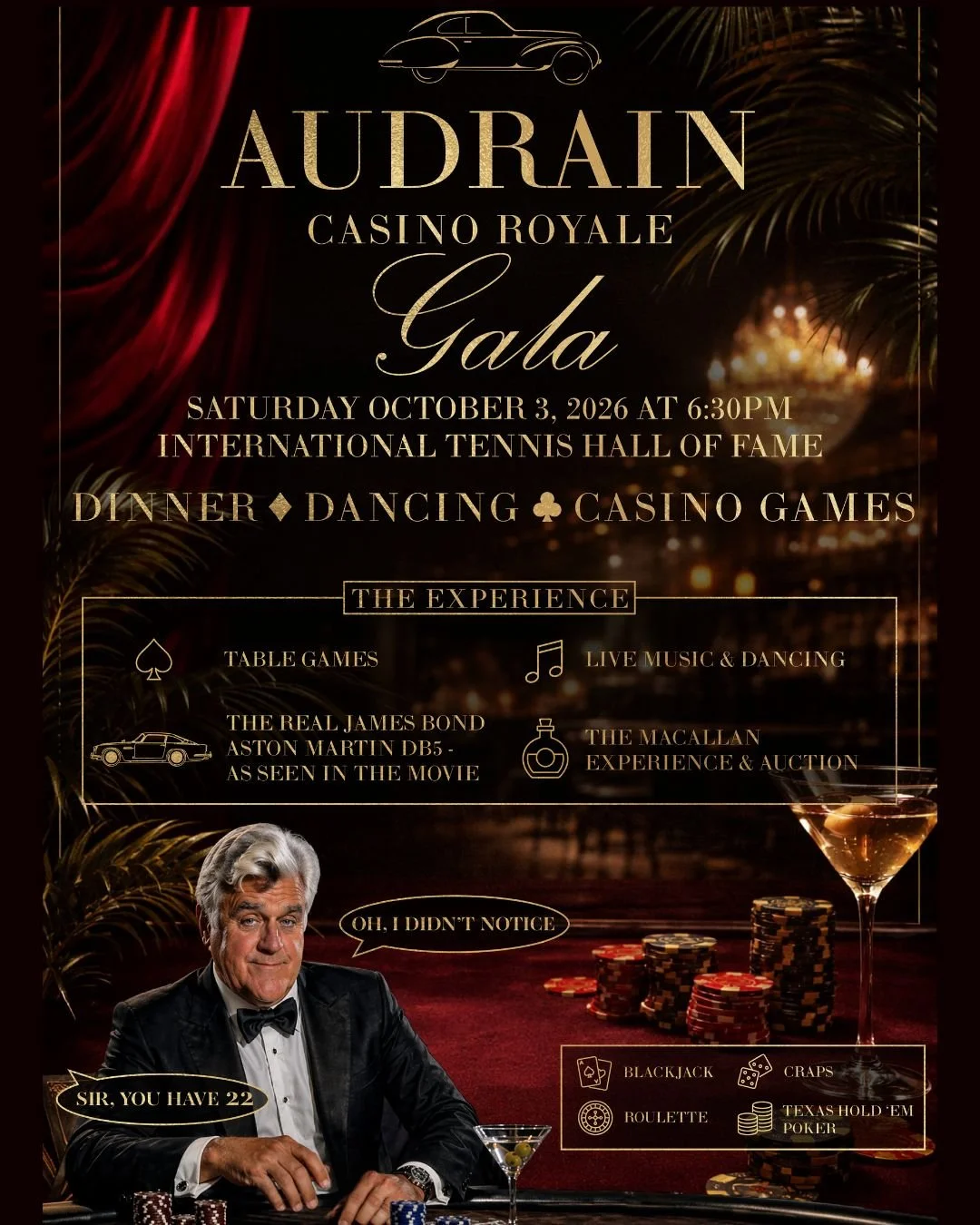 Calling All 00 Agents &amp; Bond Girls! 🎲🍸 Please join us Saturday, October 3, 2026 at the ✨ Audrain Casino Royale Gala ✨ - the Museum's 10th Annual Fundraising Gala. Please visit our website to purchase tickets or call (401) 856-4420
&bull;
&bull;